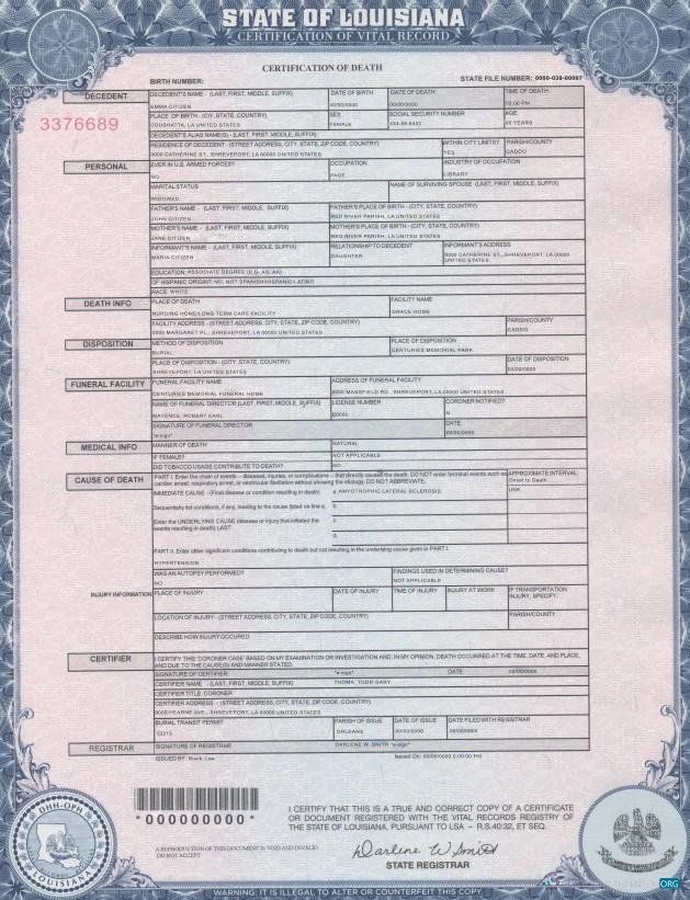 Download USA Louisiana death cert Photoshop template